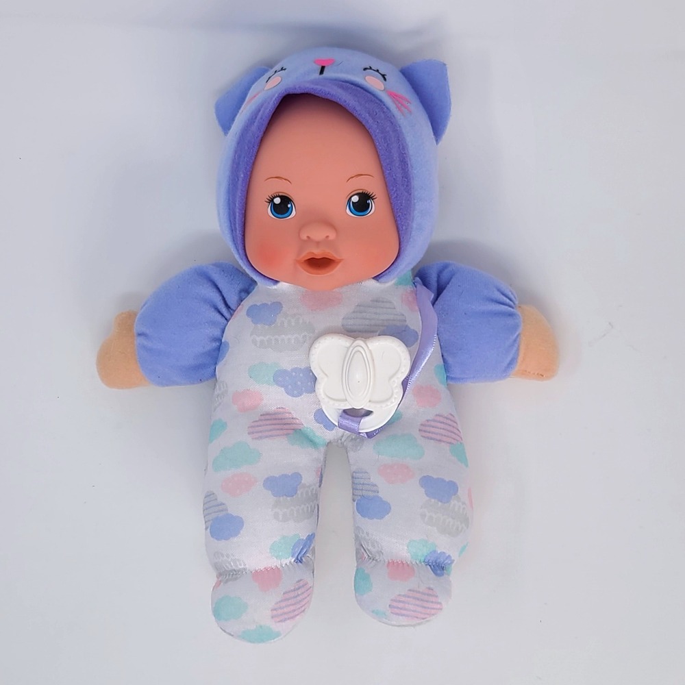 My Sweet Love Soft Body Baby Doll Purple Cat Hooded Onesie Cloud Print 10 inch